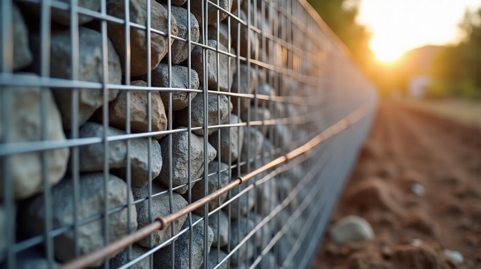 Cages de gabion empilées en redans, remplies de pierre, sur un talus en pente.
