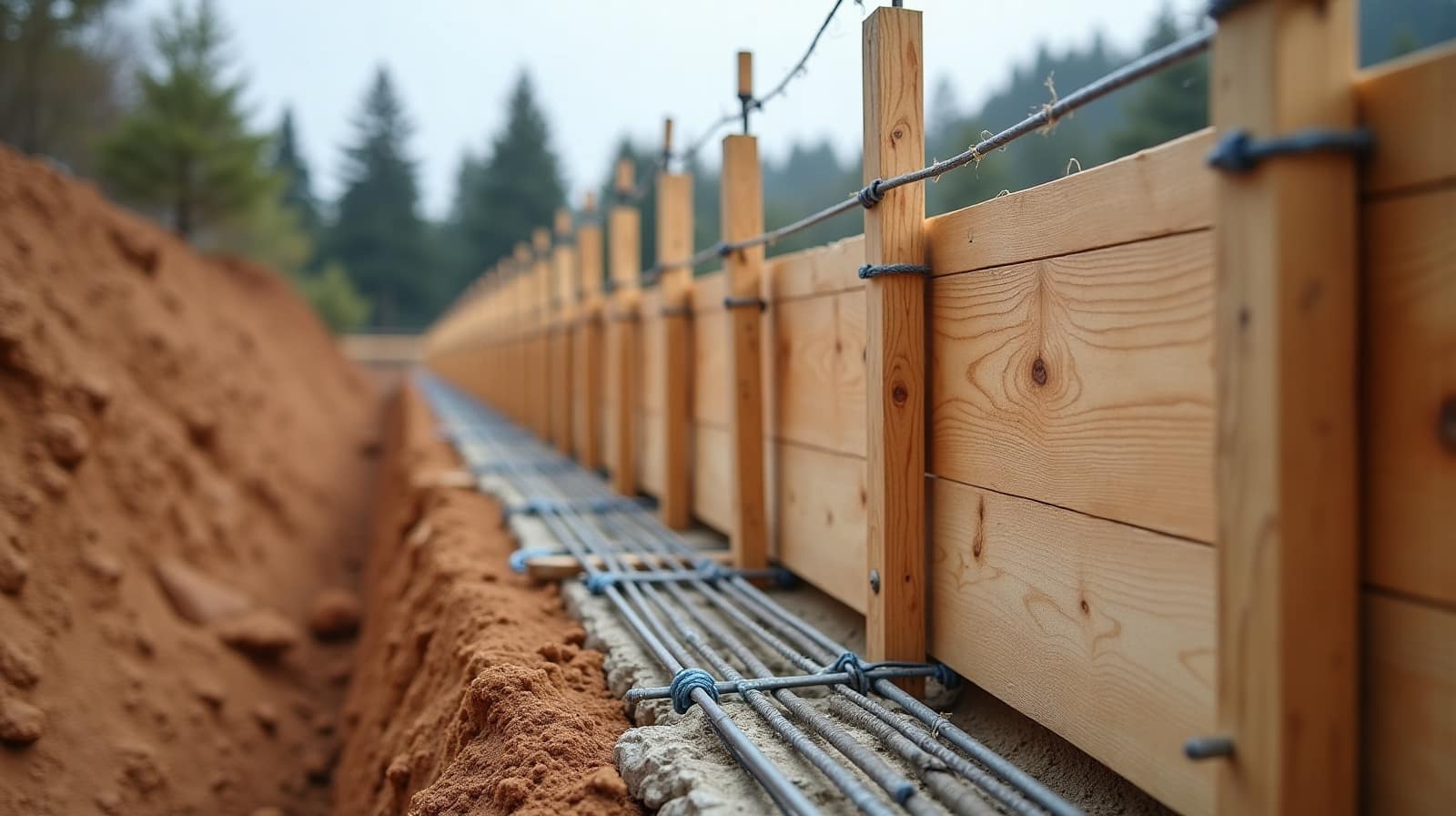 Coffrage et ferraillage d'un mur de soutènement en béton banché avant coulage.