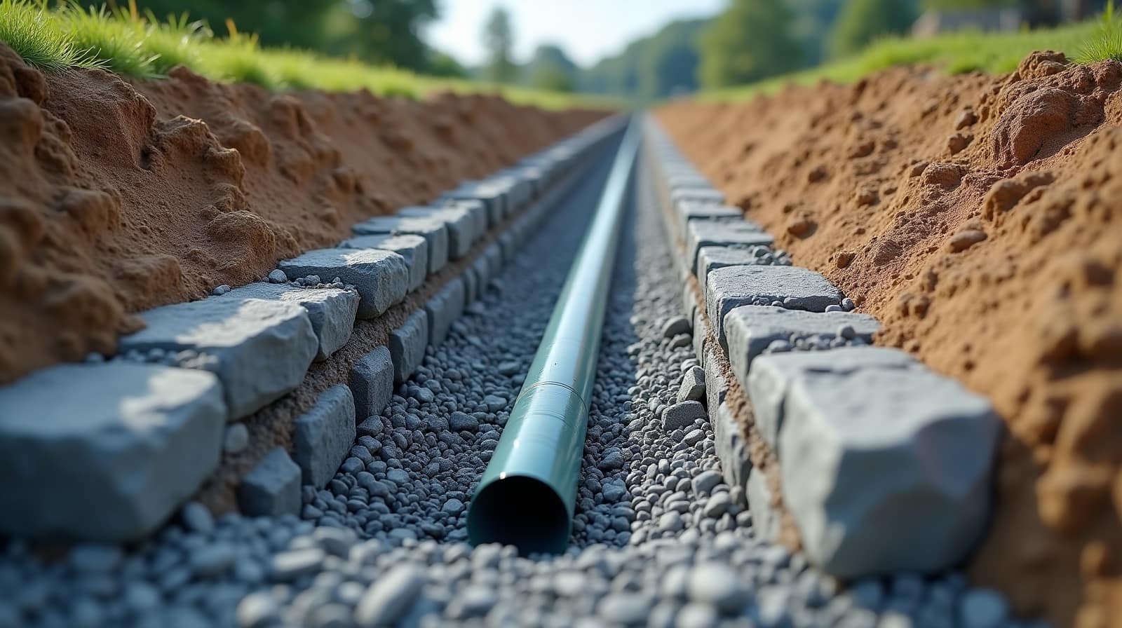 Détail d'un drain et d'un remblai drainant en pied d'un ouvrage de soutènement, avant remblaiement.