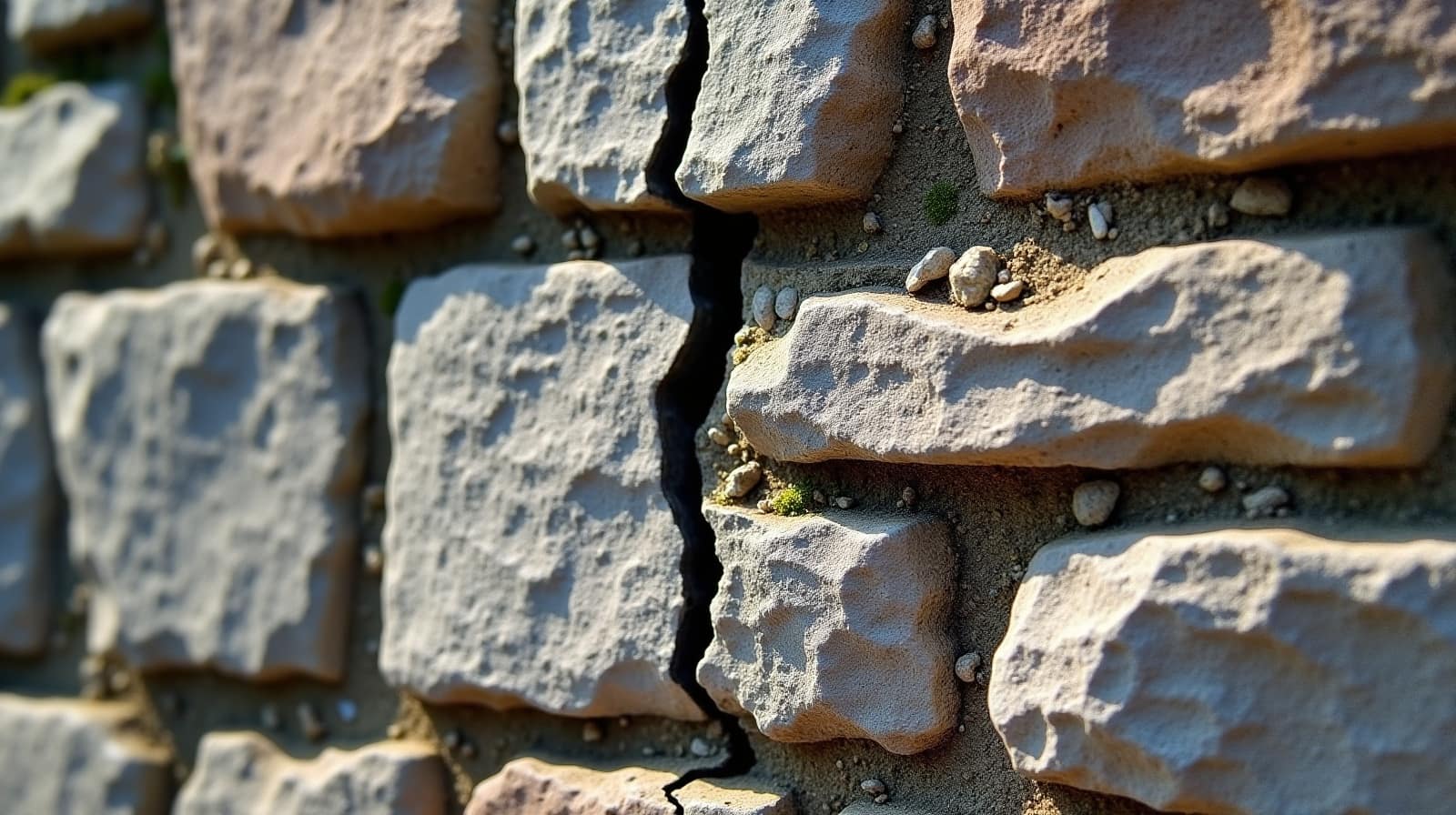 Mur de soutènement présentant un léger renflement et une fissure verticale sur la face avant.