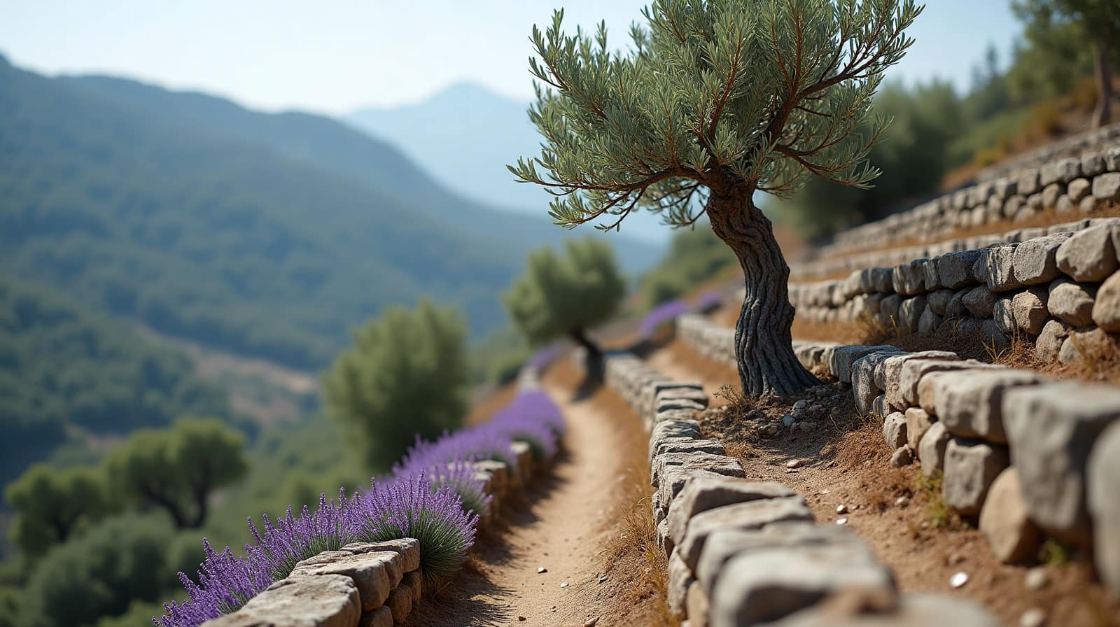 Restanques en pierre sèche d'oliviers et de lavande sous le village perché de Grignan